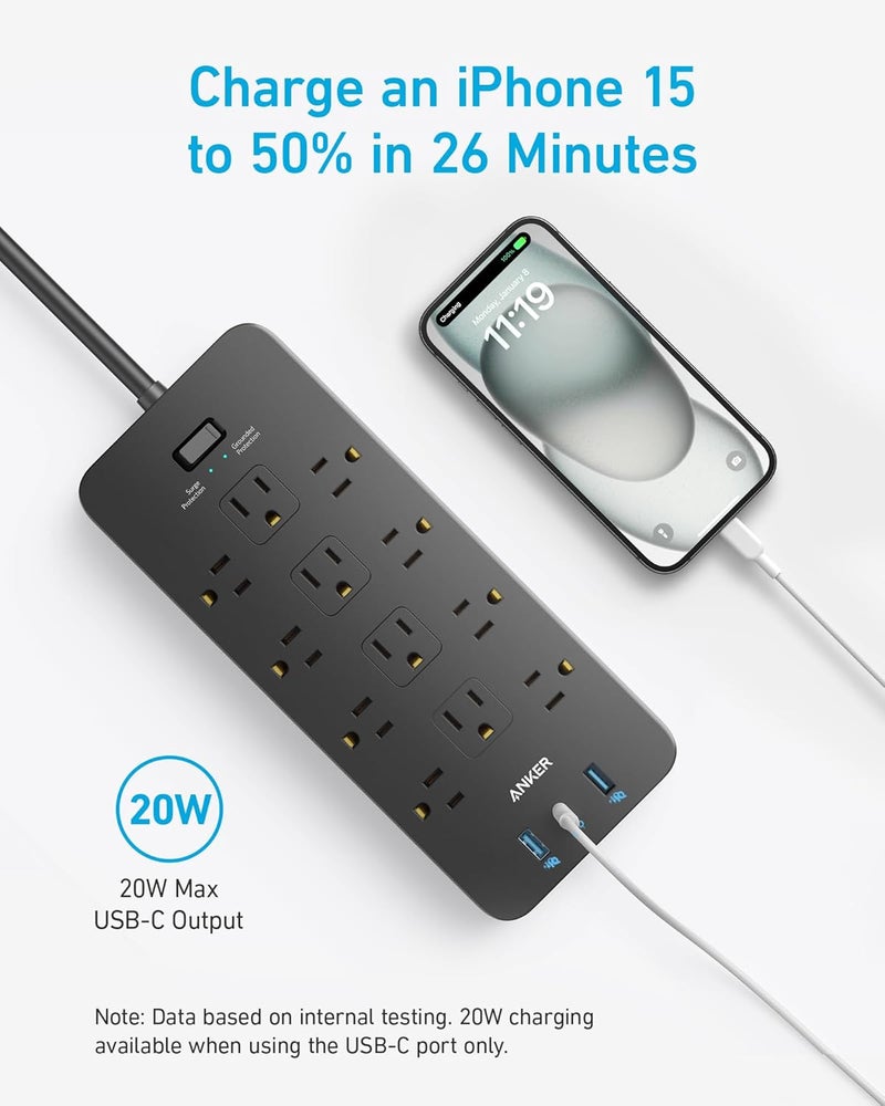 Anker Power Strip with 3 USB Ports, Surge Protector (2100J-10ft), 12 Outlets, 2 USB-A Ports and 1 USB-C Port, Works with iPhone 16/16 Plus/16 Pro/16 Pro Max, for Home, Office, TUV Listed - Image 3